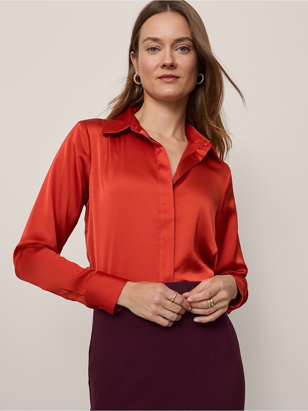 Ann Taylor Red Satin Button-Down Blouse XS